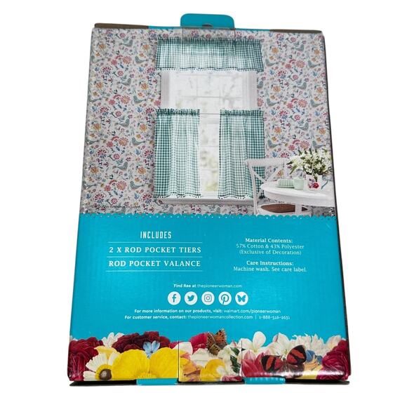 The Pioneer Woman Gingham Small Window Curtain Set 3-Piece Set Teal Lot of 2 - Picture 3 of 7